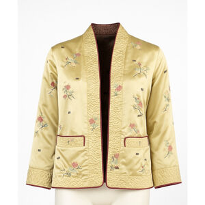 VTG Reversible Asian Satin Quilted Jacket Blazer S / M Floral Landscape Brocade